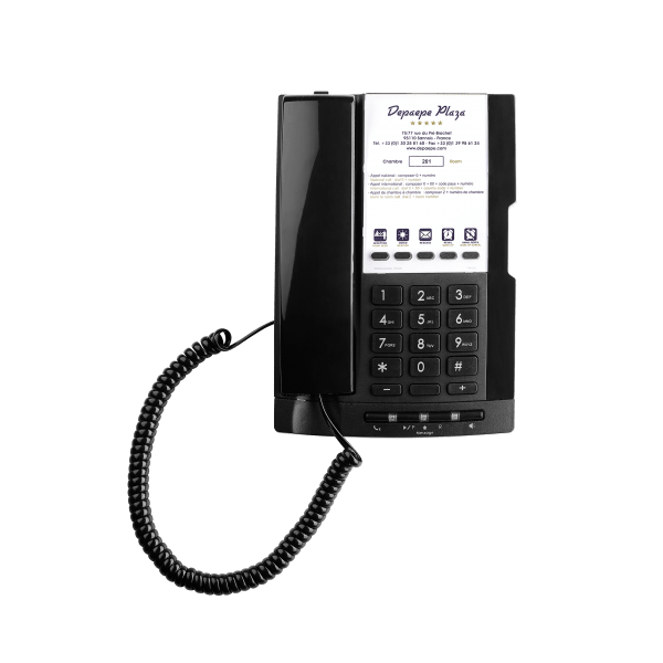 Teléfono analógico negro de hotel 5 memorias manos libres y etiqueta grande personalizable