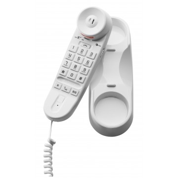 Compact white analogue monoblock telephone with keypad integrated into the handset